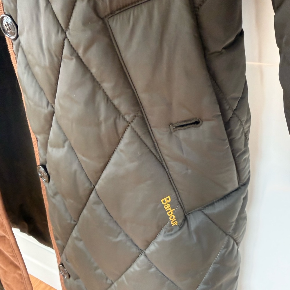 Barbour Olive Green Quilted Trench Coat with Brown Trim - Picture 6 of 7